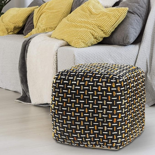 L. R. Resources, Inc. LR Home Hand-Woven Black/Gold/White Geometric Square Ottoman Pouf for Home Decor | Lightweight Foot Rest for Bedroom & Living Room | 16 x 16 x 16 Stuffed Ottoman for Seating