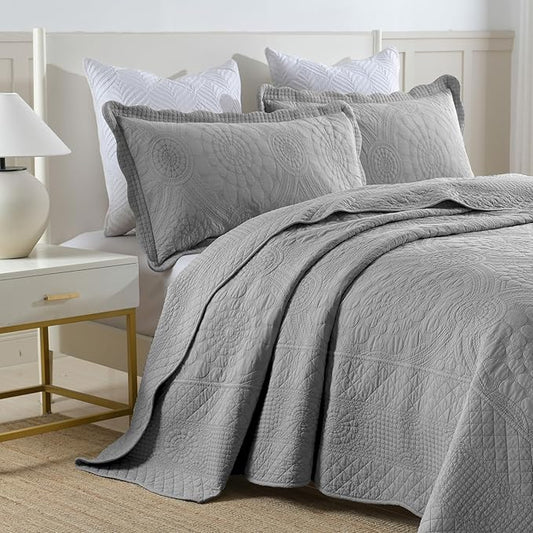 MarCielo 3-Piece 100% Cotton Oversized Bedspread Lightweight Quilt Coverlet Embroidery Farmhouse Bedding Set (Tf Light Grey, Oversized King (118"x106"))