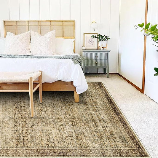 Area Rug 4x6 Washable Rug Brown Vintage Traditional Floor Cover Foldable Thin Retro Kitchen Accent Indoor Distressed Non Slip Carpet Floral Print Mat Bedroom Living Room