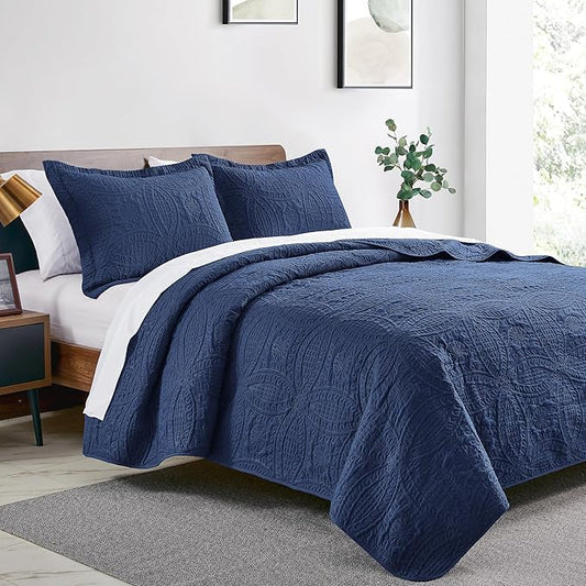 Love's cabin Twin Quilt Set Navy Blue Bedspreads - Soft Bed Summer Lightweight Bedspread Comforter - Modern Style Coin Pattern Coverlet for All Season - 2 Pieces (1 Quilt, 1 Pillow Sham)