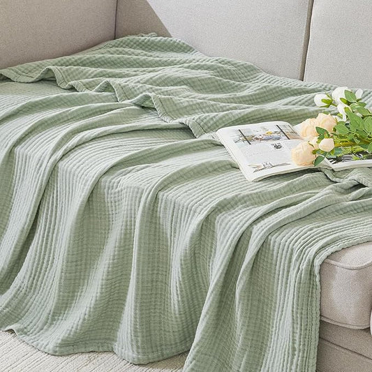 EMME Cotton Muslin Large Throw Blanket Couch Breathable Gauze Soft Lightweight Bed Blankets Adults (Heather Sage Green, 50"x70")