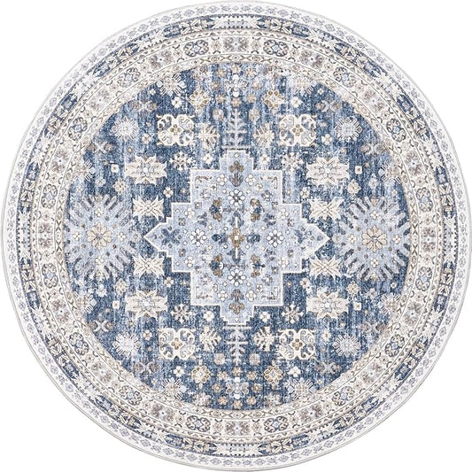 zesthome 8ft Round Rugs for Living Room, Non-Slip Washable Round Area Rugs, Ultra-Thin Large Circle Rugs, Soft Low Pile Rug for Bedroom, Kitchen - Vintage Stain Resistant Round Rug (Blue/Beige,8'x8')