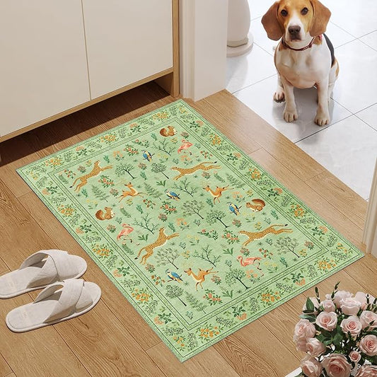 DUKINO 2x3 Rug, Washable Animal Rugs for Entryway, Non Slip Indoor Door Mat, Soft Low Pile Small Area Carpet for Entrance, Bedroom, Kitchen, Laundry, Bathroom, Light Green