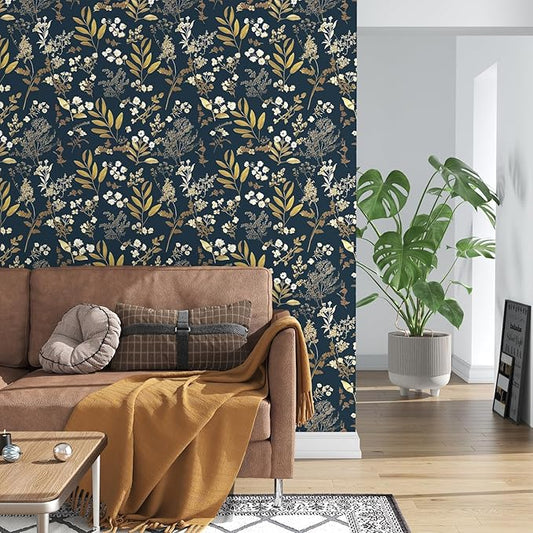 Dark Blue Leaf Wallpaper Peel and Stick Dark Floral Wallpaper for Bedroom Vintage Leaf Contact Paper Waterproof Self Adhesive Boho Floral Wall Paper for Bedroom Walls Countertop 17.5in x 393in