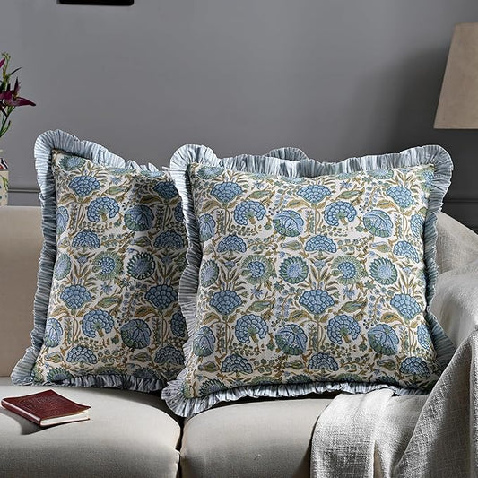 Ridhi Modern Farmhouse Pillow Covers Decorative Cotton Throw Pillow Covers Set of 2 Asparagus Green Cushion Covers with Ruffle for Couch Sofa Bed Living Room Spring Home Decor 24x24