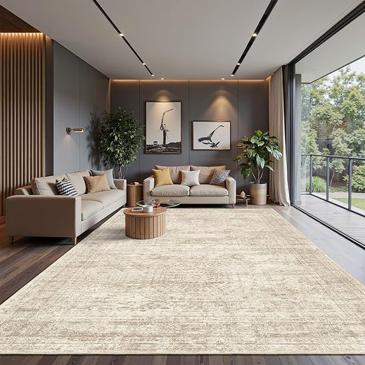 12x15 Washable Area Rug Beige Neutral Abstract Living Room Large Carpet Non Slip Bedroom Indoor Office Dining Room Low Pile Thin Rug