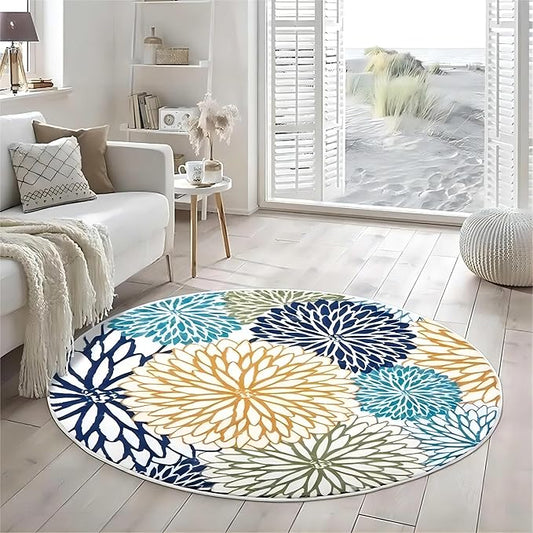 Bohemian Round Area Rug, 3ft, Soft Non-Slip Round Rug, Mandala Area Rug, Floral Round Rug, Suitable for Living Room Bedroom Sofa Bedside Children's Room Non-Slip Washable Floor Mat