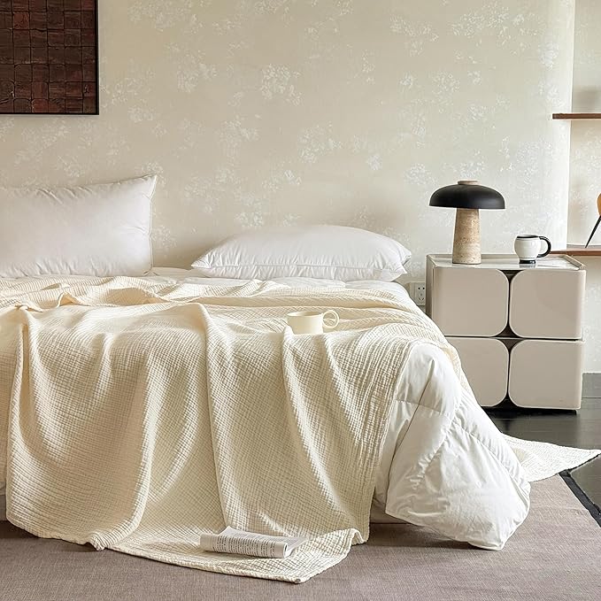 FALUCA Cotton Muslin Reversible Blanket Twin Size for Bed, Couch, Four Layers Blanket, Soft Lightweight Cozy Breathable Farmhouse Decoration for All-Season, Beige