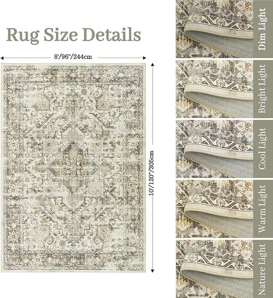 zesthome 8x10 Area Rugs for Living Room,Non-Slip Backing Washable Rugs,Vintage Large Area Rug,Stain Resistant Home Decor Rug (Beige/Brown,8'x10')