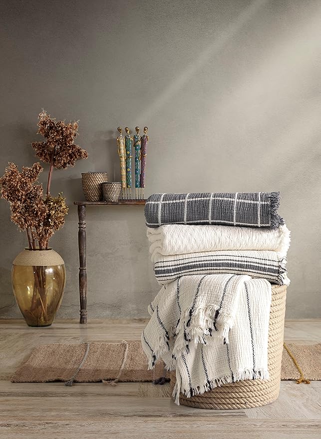 Bohemian 4 Layers Gauze Lightweight Throws,Cotton Muslin Throw Blanket,Breathable Coverlet, 4 Layer Bed Cover (Beige with 5 Stripes, Oversized 100 x 110 inches)