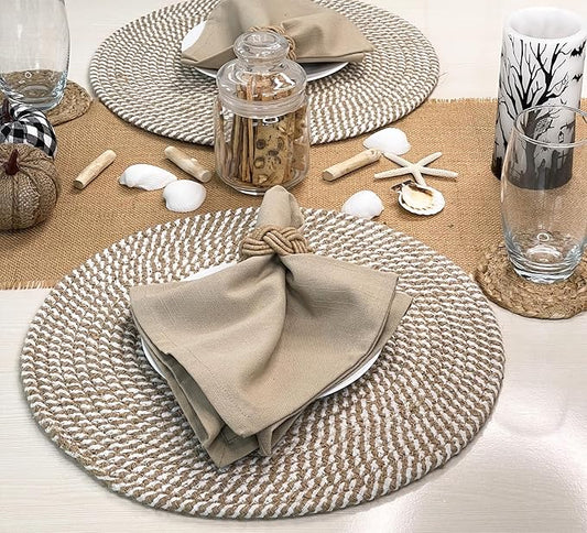 CHARDIN HOME Round Jute & Cotton Woven Braided PLACEMAT (Set of 4), Size -13 inch, Round, Color - Natural Jute & White.