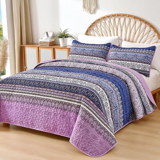 WONGS BEDDING Boho King Quilt Set, Purple Bohemian Quilt Bedding Set, Lightweight Bed Decor Bedspread for All Season Reversible Microfiber Coverlet Bedding Set 110"x90"(3 Pieces)
