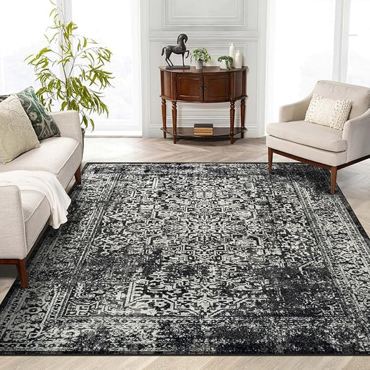 vivorug 6x9 Area Rugs, Stain Resistant Washable Rug for Living Room, Vintage-Inspired Black and White Rug