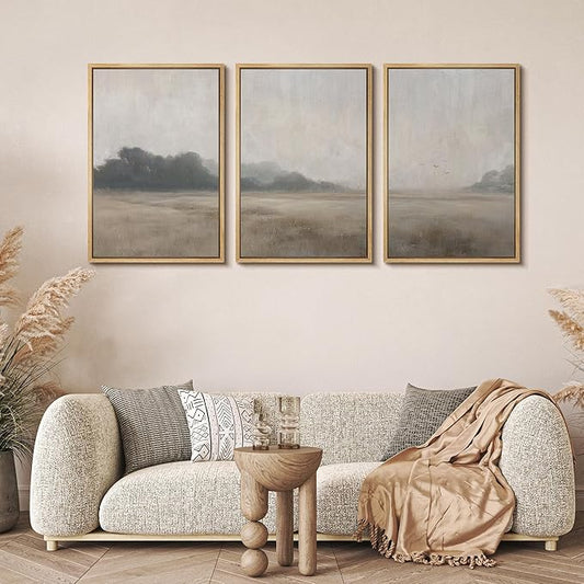 MUDECOR Framed Wall Art Print Set Serene MeadowTranquil Landscape with Foggy Fields and Distant Trees Illustrations Realism Decorative for Living Room, Bedroom, Office - 24"x36"x3 Natural