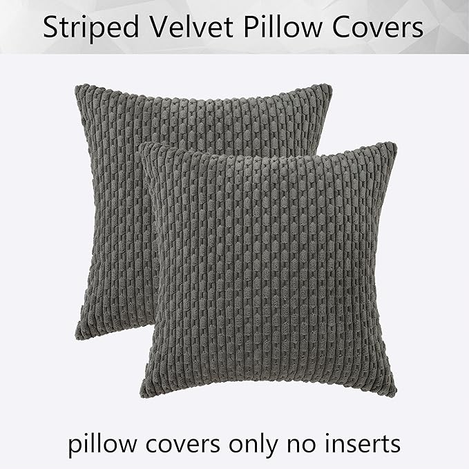 Kevin Textile Euro Sham Pillow Covers 28x28 Inch 2 Packs Soft Boho Striped Corduroy Decorative Throw Pillows for Living Room Couch Bed Sofa Rustic Farmhouse Home Decor 71x71cm Dark Grey