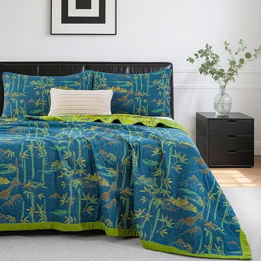 100% Cotton Muslin Jacquard 3 Piece Quilt Set Botanical Bamboo Leaf Print, Soft 3 Layers Gauze Bed Cover Reversible Bedspread Coverlet Breathable Lightweight Bedding Set, Queen