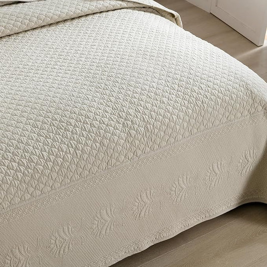 MarCielo 3-Piece 100% Cotton Oversized Bedspread Lightweight Quilt Coverlet Embroidery Farmhouse Bedding Set (TM Khaki Beige, Oversized Queen (100"x106"))