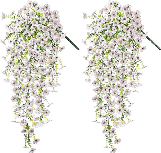 Artificial Hanging Flowers for Outdoors Faux Plants Decoration, 2 Packs Fake Silk Daisy Flower Realistic Outdoor Flowers UV Resistant Porch Patio Window Yard Outside Decor(White)
