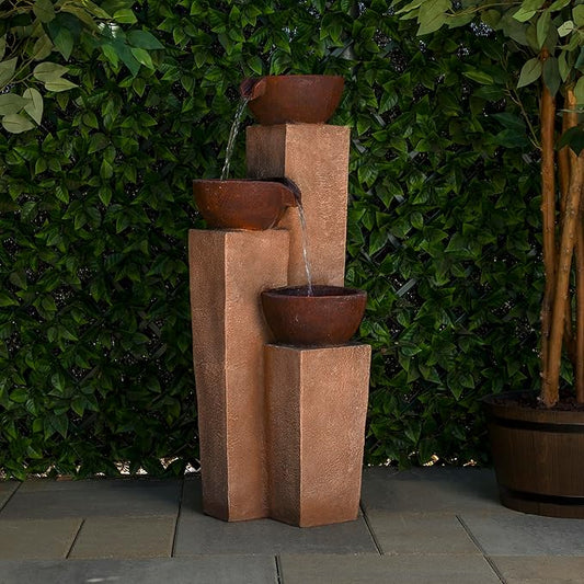 Alpine Corporation ZEN398 35” Outdoor 3-Tiered Modern Pots Water Fountain – Elegant Rustic Floor Fountain for Garden, Patio, Yard, Outdoor Spaces, Relaxing Water Feature, Bronze