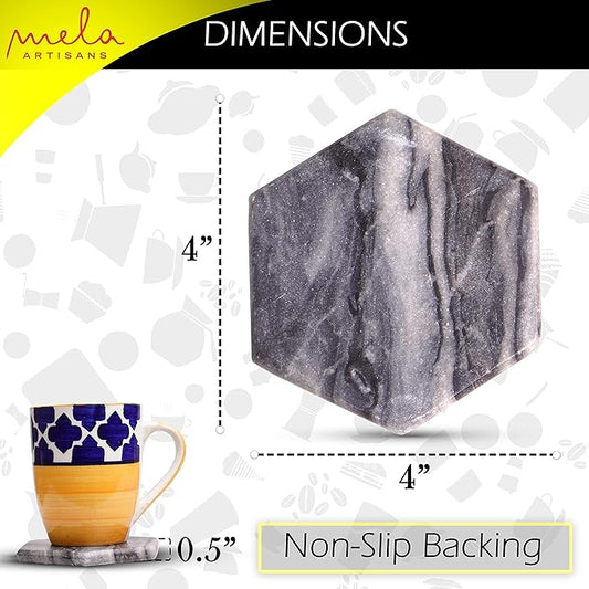 Mela Artisans Set of 4 Hand Crafted Marble Coasters - Sleek Black, Hexagon | Coffee Table Decor | Absorbent Keeping Surfaces Dry & Safe | Ideal for Wine Glasses, Water Cups or Beer Mugs