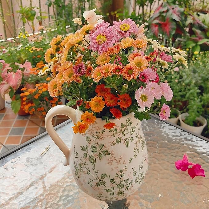 Ceramic Green & White Floral Vase with Handle – 8 Inch