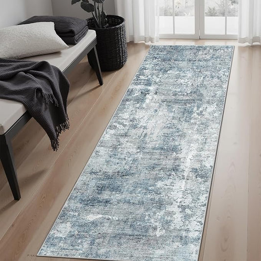 Runner Rug 2'x6' Abstract Washable Non-Slip Runner Rugs for Kitchen Bathroom Laundry Room Blue Vintage Floor Carpet Runners for Hallway Entryway