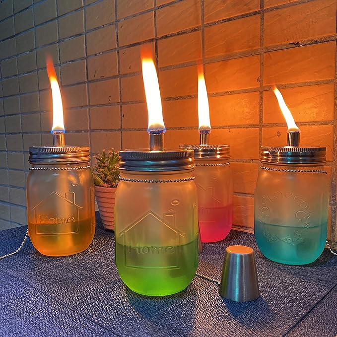 Mason Jar Tabletop Torch Kits,6 Pack Regular Mouth Lids with Protective Tube,Long Life Fiberglass Wicks and Caps,Outdoor Oil Lamp Lights for Home Patio Garden Halloween Christmas Projector Decor