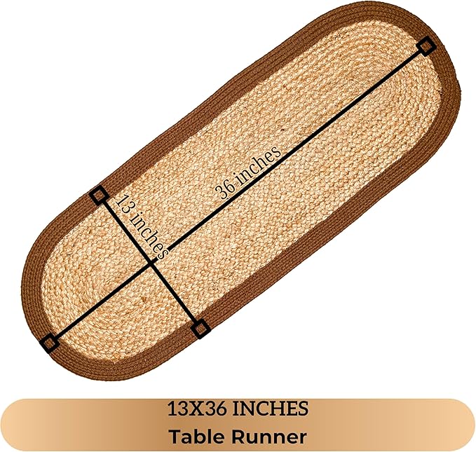 CHARDIN HOME Verona Oval Woven Jute & Cotton Braided Table Runner, Size -13 x 36 Inches, Color - Natural Jute with Brown Border