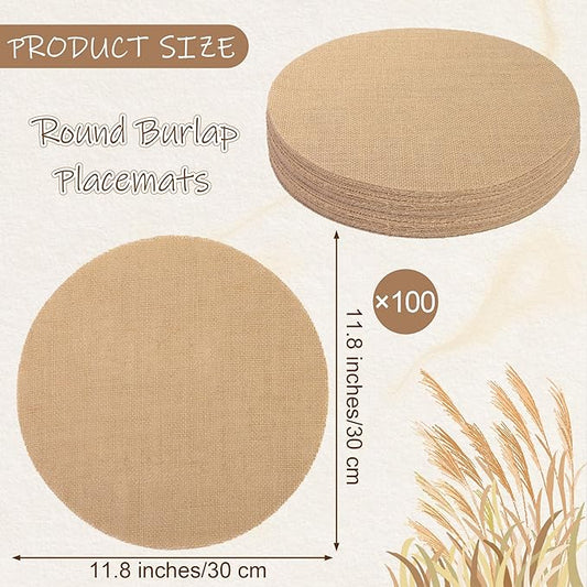 Aneco 100 Pieces Round Burlap Placemats 11.8 Inch Reusable Brown Table Mats Heat Resistant Natural Jute Fibers Placemats Burlap Circle Rustic Table Decorations for Dinner Holiday Farmhouse Decor