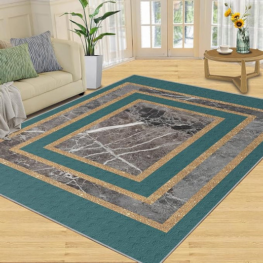 Emerald Green Marble Rug Luxury Teal Marble Area Rug Gilded Geometric Carpet Vintage Stone Crack Carpet for Bedroom Bedside Living Room 7x8ft
