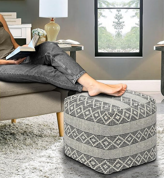 COTTON CRAFT Woven Dhurrie Pouf - Stripe Diamond Pattern Ottoman Footstool Bean Bag - Dorm Bedroom Small Spaces Accent Seating - Prefilled Comfortable Square Pouf Footrest - 16x16 - Ivory Black