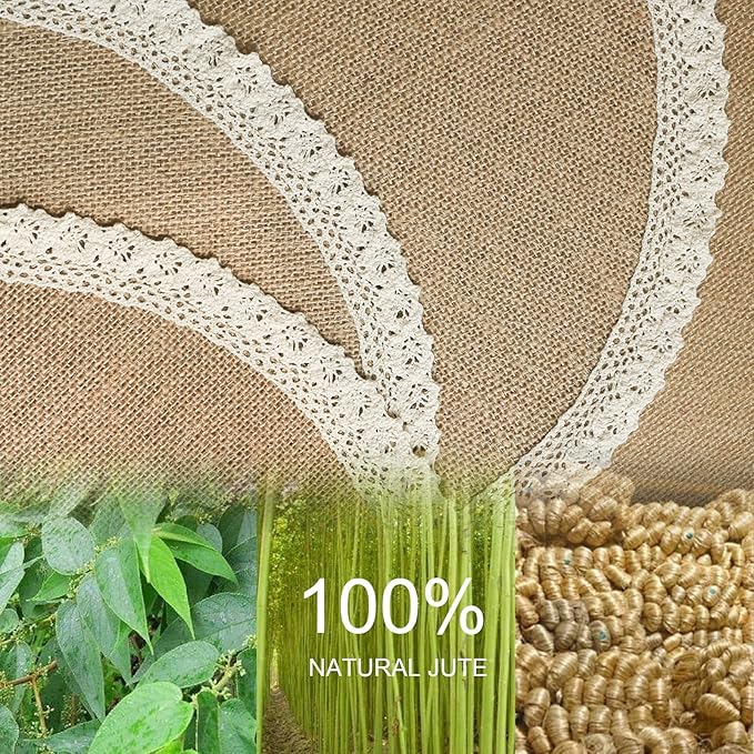 FunWheat Burlap Round Braided Placemats Set of 12 for Dining Tables 15 Inch Heat Resistant Jute Table Mats Farmhouse Woven Fabric Natural Place mats for Fall Decoration(Cotton Lace)