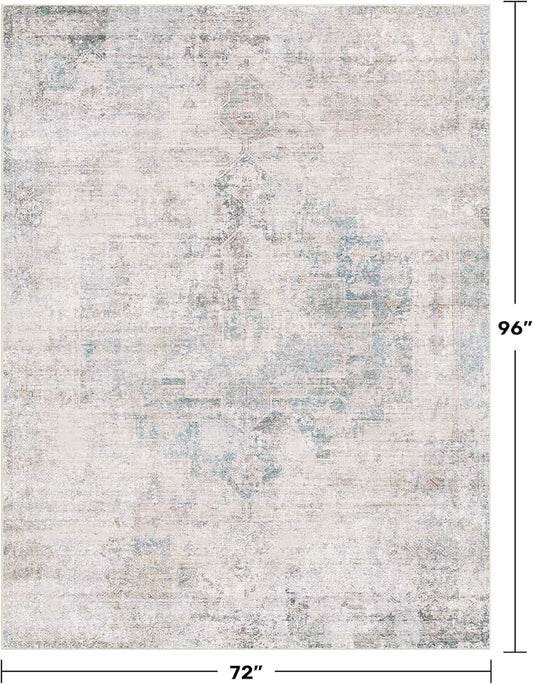 Light Blue Farmhouse Area Rug for Bedroom - 6x8 Washable Rug for Dining Room Table, Ultra-Thin Soft Textured Dusty Blue Boho Indoor Decor, Fade & Stain Resistant