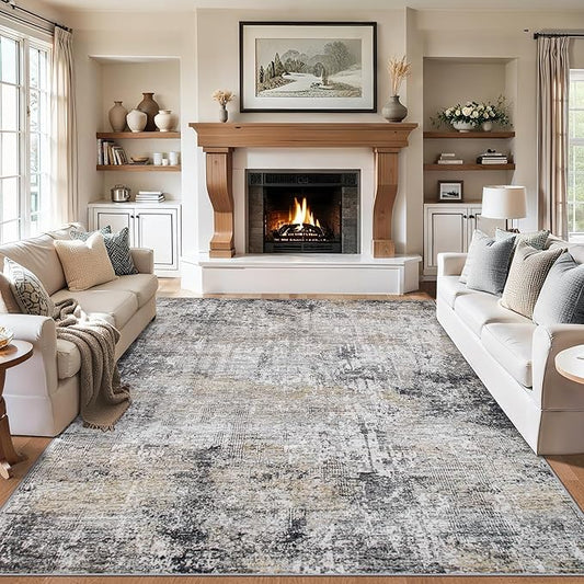 Area Rugs 9x12 Living Room - Washable Rug Modern Abstract Soft Large Neutral Non-Slip Carpet Indoor Floor Thin Carpets for Bedroom Dining Room Farmhouse Nursery Home Office Brown Black Grey