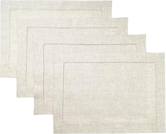 D'Moksha Homes Light Natural Linen Cloth Placemats Set of 4-100% Pure Linen Hemstitch Placemats 14 x 19 Inch - Classic Hemstitch Table Place Mats for Valentines - Handcrafted, Machine Washable