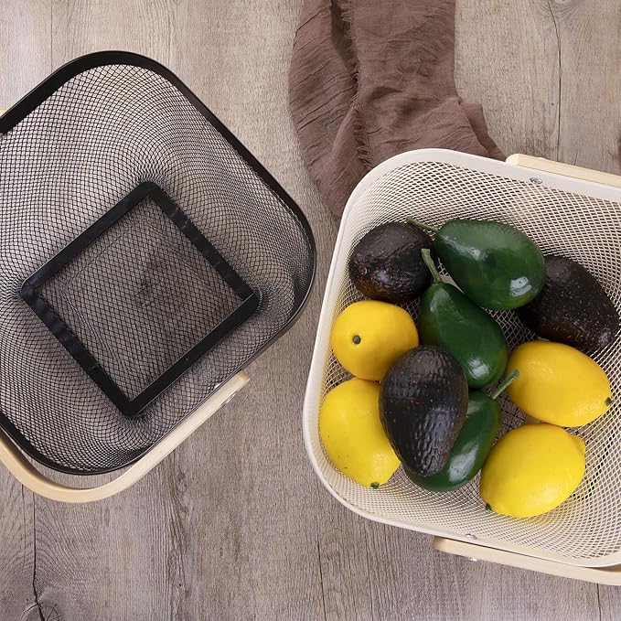 IBWell Square Metal Wire Woven Fruit Storage Bowl Basket with Wooden Handle, Large Black Mesh Fruit Stand, Multi-function Hanging Kitchen Baskets (Black, Normal)