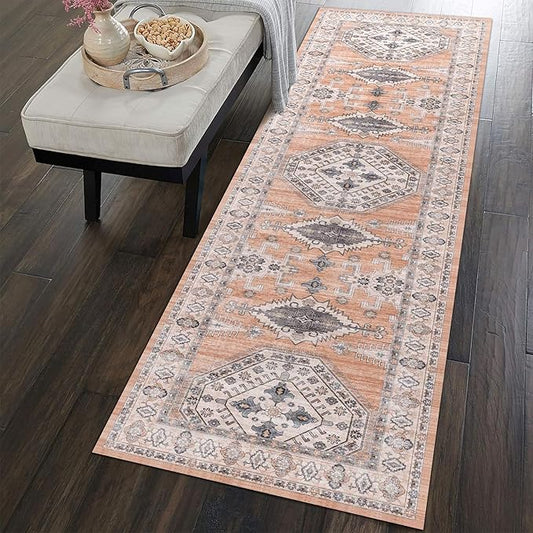 vivorug Runner Rug 2x10 Machine Washable Rug with Non-Slip Backing, Ideal for Kitchen Hallway Entryway Laundry Room - Vintage, Durable, Easy Clean, Low Pile Carpet Runner, Orange