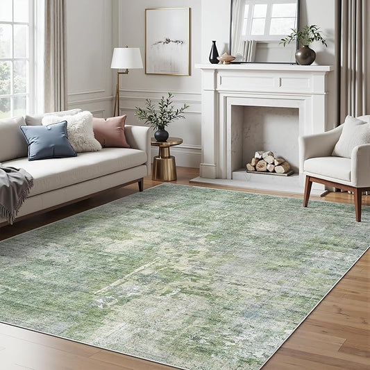Area Rug 6x9 Abstract Rugs for Living Room 6 x 9 Washable Rugs Green Non Slip Low Pile Rugs for Bedroom Dining Room Foldable Thin