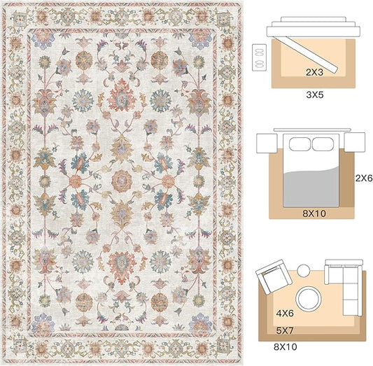 Tangsoo Runner Rug Hallway 2x6 Washable Carpet Runner Boho Vintage Floral Distressed Print Non Slip Soft Low-Pile Indoor Rug for Kitchen, Entryway, Bedroom, Laundry, Hallway Runner
