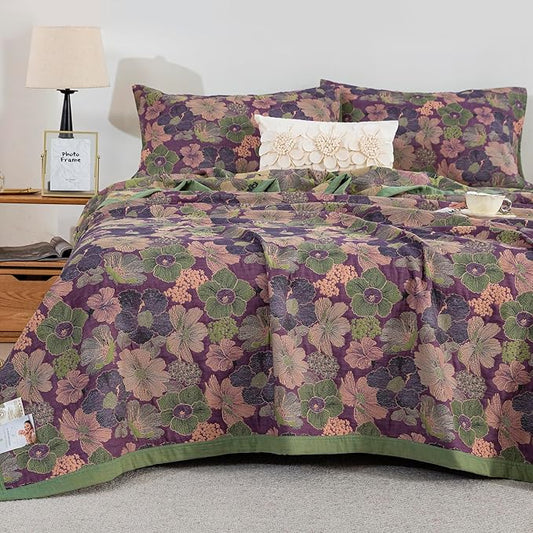 100% Cotton Muslin Jacquard 3 Piece Quilt Set Floral Peach Blossom Print, Soft 3 Layers Gauze Bed Cover Reversible Bedspread Coverlet Breathable Lightweight Bedding Set, Queen