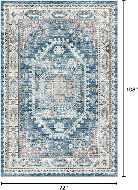 vivorug 6x9 Area Rug, Ultra-Soft Washable Rug for Living Room, Dinner Room, Bedroom, Non-Slip Vintage Medallion Rug, Indoor Carpet Large Area Rug, Blue
