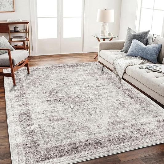 Area Rug 6'x9' Washable Floral red Vintage Traditional Floor Cover Thin Retro Kitchen Indoor Distressed Non Slip Carpet for Living Room Bedroom Dining Room