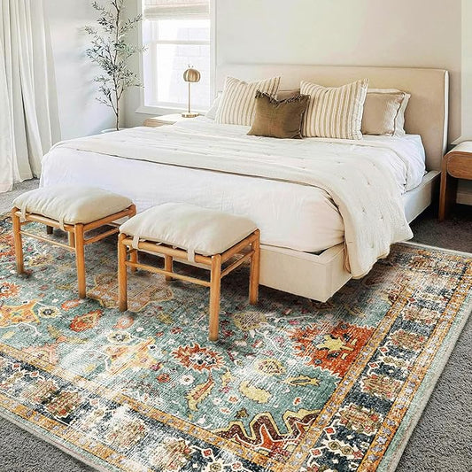 Area Rug 9'x12' Washable Vintage Traditional Mat Distressed Indoor Foldable Thin Retro Accent Floral Print Non Slip Carpet for Living Room Dining Room Office