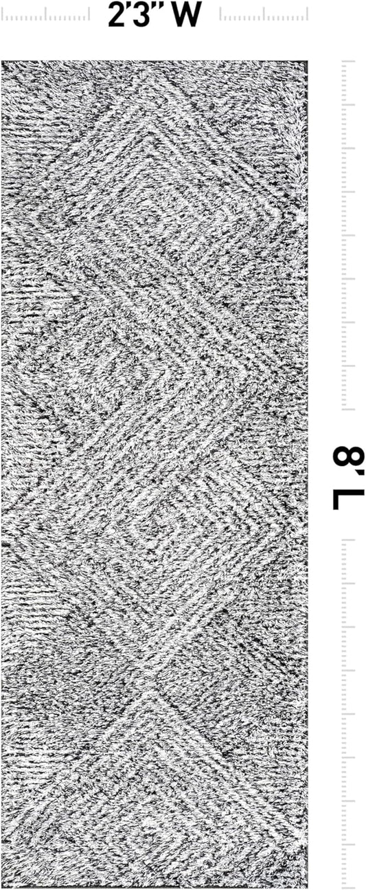 Rugshop Geometric Diamond Stripe Shag Runner Rug White 2' 3" x 8' Perfect for Hallways, Kitchens, or Behind The Sofa