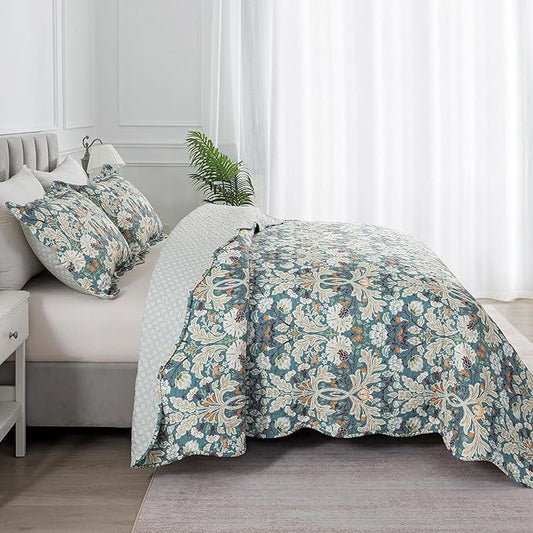 HoneiLife Queen Quilt Bedding Set - Microfiber Quilt Sets for Queen Bed, 3-Piece Lightweight Bedspreads,Reversible Coverlets Rustic Bed Cover, Floral Bedding Set All Season Quilts-Grayish Green