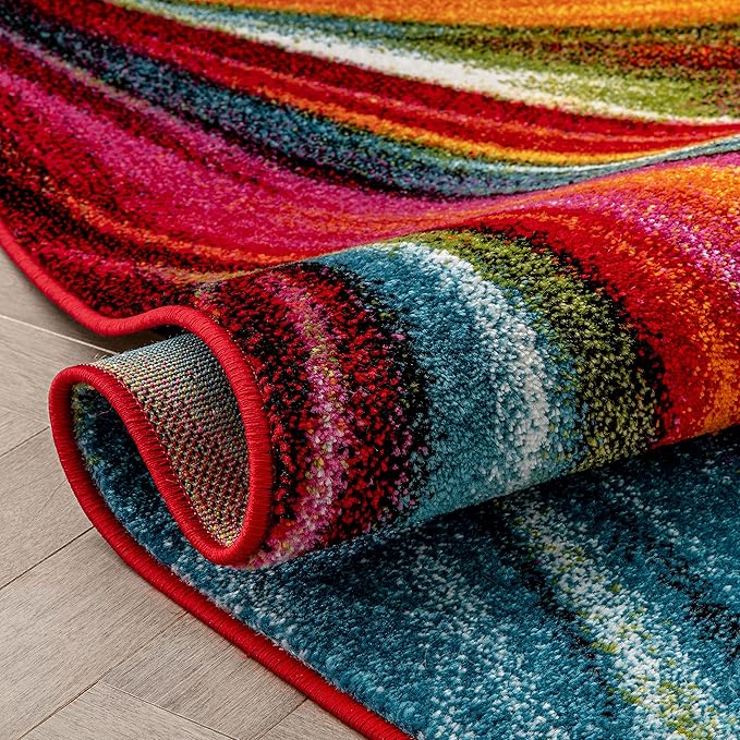 Well Woven Aurora Multi Red Yellow Orange SwirlLines ModernGeometric Abstract Brush Stroke Area Rug(7'10inx9'10in)Easy Clean Stain Fade Resistant Shed Free Contemporary Painting ArtStripe Thick Soft