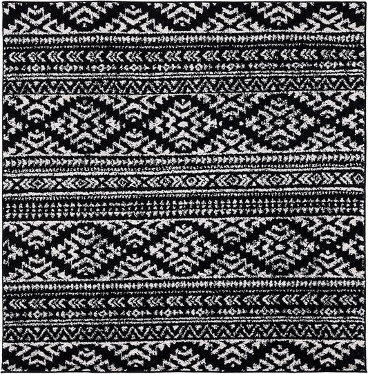 SAFAVIEH Tulum Collection Area Rug - 8' Square, Black & Ivory, Moroccan Boho Tribal Design, Non-Shedding & Easy to Clean, Ideal for Living Room, Bedroom, Dining Space (TUL272Z)