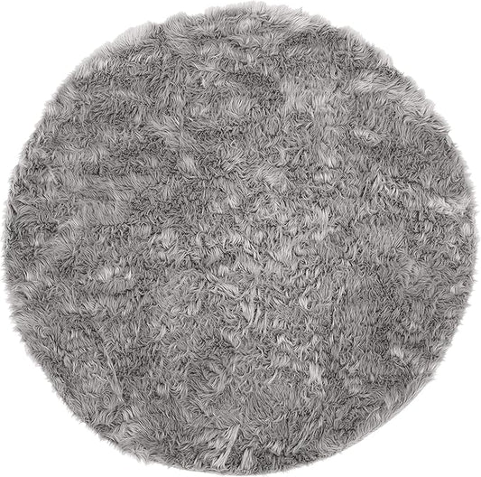 SAFAVIEH Faux Sheep Skin Collection 5' Round Grey FSS235D Silken Glam 2.35-inch Thick Area Rug