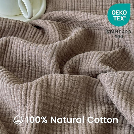 FALUCA Cotton Muslin Reversible Blanket Twin Size for Bed, Couch, Four Layers Blanket, Soft Lightweight Cozy Breathable Farmhouse Decoration for All-Season, Brown