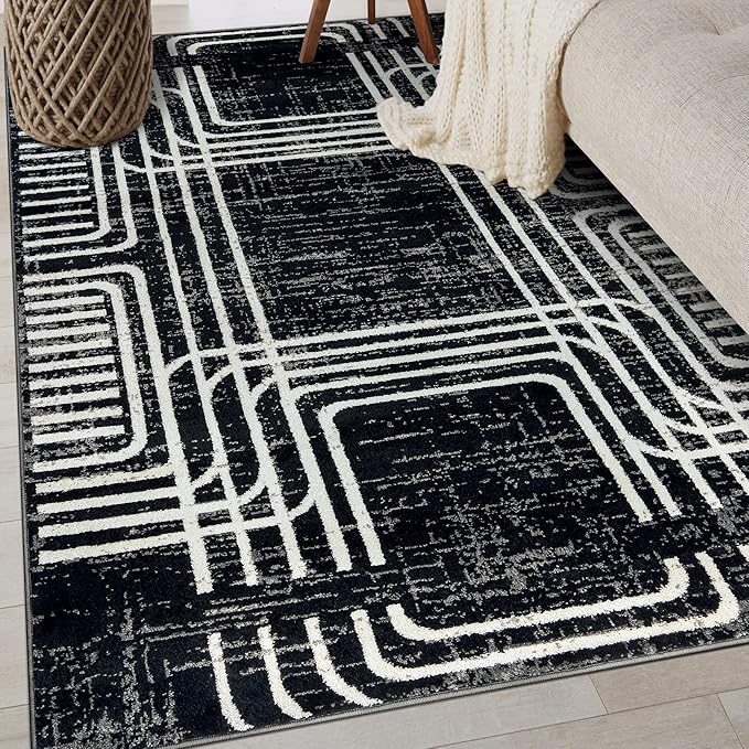Rugshop Black and White Geometric Area Rug – Abstract Curved Line and Square Pattern Carpet for Living Room, Bedroom, or Office – Contemporary Soft Floor Décor 4' x 6' Black
